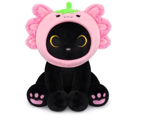 黒猫ぬいぐるみ いちごウーパールーパー フード付きぬいぐるみ