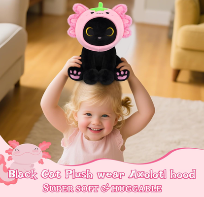 Black Cat Plush (Strawberry Axolotl Hood)